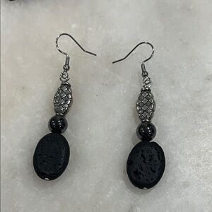 Elegant Black Lavastone and Silver Hematite Dangle Earrings